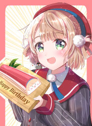 Rule 34 | 1girl, absurdres, animal, animal on shoulder, beret, bird, bird on shoulder, birthday cake, blue ribbon, braid, cake, commentary, cowlick, dessert, emphasis lines, food, green eyes, grey jacket, hair ornament, hair rings, happy birthday, hat, highres, holding, holding plate, indie virtual youtuber, jacket, light brown hair, looking at viewer, neck ribbon, okahara (sgvz3735), open mouth, plate, pom pom (clothes), pom pom hair ornament, red hat, red sailor collar, ribbon, sailor collar, shigure ui (vtuber), shigure ui (vtuber) (1st costume), shirt, short hair, smile, solo, striped clothes, striped jacket, vertical-striped clothes, vertical-striped jacket, virtual youtuber, white shirt, wrist cuffs