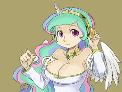 Rule 34 | 1girl, breasts, celestia (my little pony), cleavage, cutie mark, gold trim, headphones, horse girl, large breasts, multicolored hair, my little pony, my little pony: friendship is magic, personification, purple eyes, shepherd0821, simple background, solo, wings
