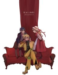 Rule 34 | 1girl, 2boys, 60 (klioo1), aged down, arms behind back, blonde hair, blue hair, bow, bowtie, child, closed eyes, couch, crossed legs, curtains, dio brando, dress, erina pendleton, hat, head rest, headband, jacket, jojo no kimyou na bouken, jonathan joestar, knee pads, multiple boys, pointy footwear, red dress, red footwear, red upholstery, shoes, simple background, standing on object, translation request