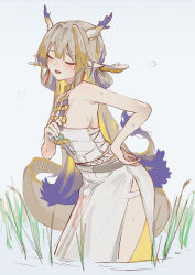 Rule 34 | 1girl, absurdres, adjusting clothes, arknights, bare arms, bare shoulders, blonde hair, blush, breasts, brown tail, closed eyes, commentary, dragon girl, dragon horns, dragon tail, dress, english commentary, feet out of frame, grey background, grey hair, grey horns, hand on own hip, highres, horns, hot, jewelry, leaning forward, long hair, medium breasts, multicolored hair, necklace, open mouth, pointy ears, purple hair, purple horns, purple tail, shu (arknights), side slit, sketch, solo, standing, strapless, strapless dress, sweat, tail, wawamachi (wawamachis), white dress