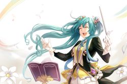 Rule 34 | 1girl, aqua hair, arms up, bad id, bad pixiv id, book, conductor, cowboy shot, ddaomphyo, closed eyes, flower, frills, gloves, hair flower, hair ornament, hatsune miku, long hair, long sleeves, musical note, musical note hair ornament, open mouth, petals, smile, solo, stand, teeth, twintails, upper teeth only, very long hair, vest, vocaloid, wand, white gloves