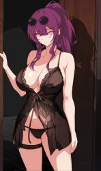 Rule 34 | 1girl, alternate costume, alternate hairstyle, arm at side, bare arms, bare shoulders, black dress, breasts, commentary, cowboy shot, dress, empire waist, eyewear on head, glasses, highres, honkai: star rail, honkai (series), kafka (honkai: star rail), kili kilio, long hair, pince-nez, ponytail, purple eyes, purple hair, revision, round eyewear, see-through, shadow, shiny skin, smile, solo, spaghetti strap, standing, sunglasses, thigh strap, thighs