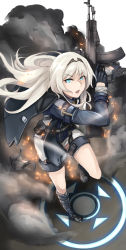 Rule 34 | 1girl, an-94 (girls&#039; frontline), assault rifle, belt, black gloves, blue eyes, girls&#039; frontline, gloves, gun, hairband, highres, holding, holding gun, holding weapon, jacket, long hair, looking at viewer, mask, unworn mask, noir (4chan), platinum blonde hair, rifle, smoke, solo, weapon