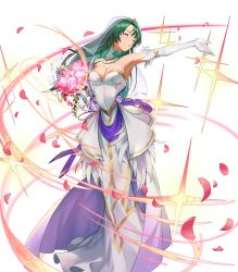 Rule 34 | 1girl, bouquet, breasts, bridal veil, cecilia (fire emblem), cleavage, closed eyes, detached collar, dress, elbow gloves, female focus, fire emblem, fire emblem: the binding blade, fire emblem heroes, flower, full body, gloves, gold trim, green hair, hair ornament, highres, holding, holding bouquet, kainown, large breasts, long hair, nintendo, non-web source, official alternate costume, official art, petals, smile, solo, strapless, strapless dress, transparent background, veil, wedding dress, white dress, white gloves