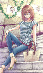 Rule 34 | 1girl, :o, aramachi, arm support, bag, blue pants, breasts, brown hair, collarbone, denim, glasses, green footwear, handbag, high heels, highres, jeans, knee up, lamp, looking at viewer, medium breasts, medium hair, nail polish, off-shoulder shirt, off shoulder, open mouth, original, pants, plant, purple eyes, railing, shirt, short sleeves, sitting, sitting on stairs, solo, stairs, striped clothes, striped shirt, tank top, toeless footwear, toenail polish, toenails, vines, watch