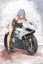 Rule 34 | 1girl, bare legs, bare shoulders, bent over, bikini, black jacket, blue eyes, blue hair, breasts, cleavage, commentary request, ducati, emori miku, full body, hair ornament, highres, jacket, large breasts, liver city, long hair, long legs, long sleeves, looking at viewer, motor vehicle, motorcycle, nihoshi (bipedal s), off shoulder, sandals, smile, solo, straddling, string bikini, swimsuit, thighs, white bikini