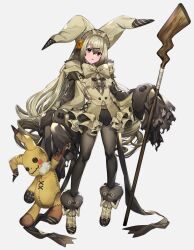 Rule 34 | 1girl, ankle boots, black eyes, blonde hair, boots, bow, bowtie, creatures (company), frills, full body, fur-trimmed boots, fur trim, game freak, gen 7 pokemon, hair between eyes, hair ornament, hairclip, holding, holding staff, katagiri hachigou, long hair, long sleeves, mimikyu, nintendo, pantyhose, personification, pokemon, simple background, solo, staff, stuffed toy, very long hair, white background, wide sleeves, wooden staff