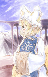 Rule 34 | 1girl, blush, bridge, daro, dress, female focus, fox tail, hands in opposite sleeves, hat, highres, mountain, multiple tails, outdoors, sketch, sky, solo, tail, touhou, yakumo ran