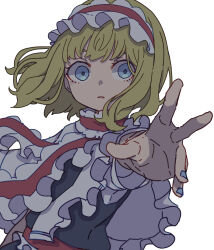 Rule 34 | 1girl, absurdres, alice margatroid, blonde hair, blue dress, blue eyes, blue nails, capelet, commentary, dress, fingernails, foreshortening, hairband, highres, kame (kamepan44231), lolita hairband, nail polish, one-hour drawing challenge, open mouth, reaching, reaching towards viewer, red hairband, short hair, simple background, solo, touhou, upper body, white background, white capelet