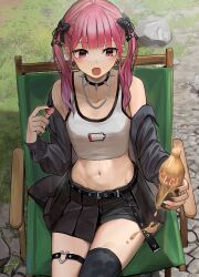 Rule 34 | 1girl, :o, absurdres, belt, bottle, bow, chain necklace, chair, coca-cola, collar, earrings, folding chair, hair bow, highres, hinamizawa hinami (tetto), jewelry, jirai kei, midriff, navel, necklace, off shoulder, original, outdoors, pink eyes, pink hair, pleated skirt, single thighhigh, sitting, skirt, solo, spiked collar, spikes, tank top, tetto (onnoveltet), thigh belt, thigh strap, thighhighs, twintails