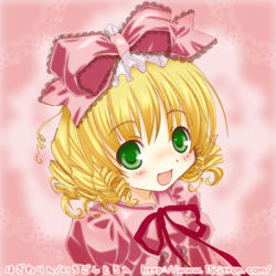 Rule 34 | 00s, 15citron, 1girl, :d, blonde hair, bow, dress, drill hair, eyebrows, green eyes, hair bow, hinaichigo, looking at viewer, lowres, open mouth, pink bow, pink dress, ribbon, rozen maiden, short hair, smile, solo