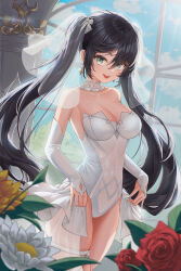 Rule 34 | 1girl, :d, absurdres, bare shoulders, black hair, blush, breasts, bridal veil, bride, cleavage, dress, earrings, elbow gloves, flower, frills, genshin impact, gloves, green eyes, hair ornament, haires, highres, jewelry, large breasts, long hair, looking at viewer, mona (genshin impact), open mouth, skirt hold, smile, solo, teeth, twintails, upper teeth only, veil, wedding dress, white dress