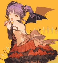 Rule 34 | 1girl, :d, absurdres, arm belt, back, back bow, backless dress, backless outfit, bang dream!, black bow, bow, character name, claw pose, cross, demon wings, detached collar, detached sleeves, dress, fang, frilled dress, frills, hair bow, highres, looking at viewer, looking back, nail polish, open mouth, purple hair, red dress, red eyes, red nails, sash, sidelocks, smile, socha (sotyahamu), solo, striped, striped sleeves, twintails, udagawa ako, v-shaped eyebrows, wings, yellow background
