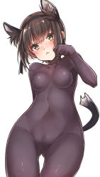 Rule 34 | 1girl, :&lt;, animal ears, black bodysuit, blush, bodysuit, breasts, brown hair, cameltoe, cat ears, cat tail, cleft of venus, covered erect nipples, covered navel, gluteal fold, green eyes, hair flaps, hatsuzuki (kancolle), headband, highres, impossible bodysuit, impossible clothes, kantai collection, konnyaku (kk-monmon), looking at viewer, medium breasts, paw pose, short hair, simple background, skin tight, solo, standing, tail, white background