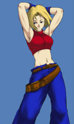 Rule 34 | 1girl, armpits, bare shoulders, belt, belt buckle, blonde hair, blue background, blue eyes, blue mary, breasts, buckle, closed mouth, commentary request, fatal fury, gloves, midriff, navel, short hair, simple background, solo, the king of fighters