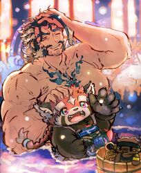 Rule 34 | 2boys, affectionate, bara, beard, beard stubble, blue hair, character doll, chest hair, daikoku (housamo), dark blue hair, facial hair, furry, furry male, halo, halo behind head, hamunosuke (buta5kawa), hand in own hair, headpat, highres, large pectorals, male focus, mature male, merchandise, multiple boys, muscular, muscular male, mustache, mutton chops, nude, onsen, pectorals, red panda ears, shennong (housamo), size difference, smile, snowing, stubble, thick eyebrows, tokyo houkago summoners, upper body, white hair, zhurong (housamo)
