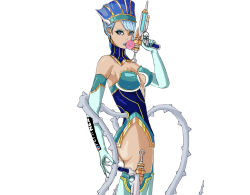 Rule 34 | 10s, 1girl, ass, bare shoulders, blue eyes, blue hair, blue lips, blue rose (tiger &amp; bunny), boots, breasts, blowing bubbles, chewing gum, cleavage, detached collar, drawfag, earrings, elbow gloves, eyeshadow, gloves, gun, headdress, highres, holster, jewelry, karina lyle, lipstick, makeup, matching hair/eyes, short hair, solo, superhero costume, thigh boots, thighhighs, tiger &amp; bunny, weapon