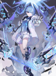 Rule 34 | 1girl, absurdres, attack, belt, black eyes, blue eyes, blue hair, blue theme, breasts, character request, cyborg, debris, earphones, earrings, electricity, facial mark, floating, floating clothes, floating object, floating weapon, grey background, hei chao zhi shang, heterochromia, highres, hood, hood down, hooded jacket, incoming attack, jacket, jewelry, joints, mechanical arms, mechanical legs, mechanical parts, multicolored hair, open clothes, open jacket, outstretched arm, prosthesis, prosthetic arm, ribs, robot joints, see-through, shirt, shoes, short hair, short sleeves, shorts, sleepless (wrysmile), solo, spine, streaked hair, suspenders hanging, transparent, wheel, white hair, white jacket, white shirt, white shorts