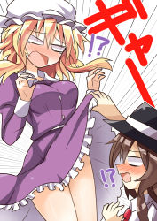 Rule 34 | !?, 2girls, black hat, blonde hair, blush, breasts, brown hair, buttons, clothes lift, emphasis lines, hat, keyaki chimaki, lifting another&#039;s clothes, long sleeves, maribel hearn, medium breasts, mob cap, multiple girls, nose blush, open mouth, profile, purple skirt, skirt, skirt lift, tears, touhou, usami renko, white hat