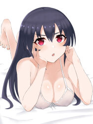 Rule 34 | 1girl, alternate costume, alternate hairstyle, arm support, bare arms, bare legs, bare shoulders, barefoot, black hair, breasts, collarbone, covered erect nipples, hair between eyes, highres, long hair, looking at viewer, lying, medium breasts, neptune (series), noire (neptunia), on stomach, red eyes, solo, twintails, very long hair, zatsu