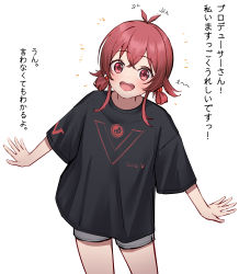 Rule 34 | 1girl, absurdres, ahoge, ahoge wag, black shirt, blush, commentary, cowboy shot, expressive hair, grey shorts, hair between eyes, hair bobbles, hair ornament, highres, idolmaster, idolmaster shiny colors, komiya kaho, looking at viewer, open mouth, print shirt, red eyes, red hair, shirt, short sleeves, short twintails, shorts, sjuno, smile, solo, t-shirt, teeth, thighs, translation request, twintails, upper teeth only, white background