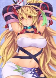 Rule 34 | 1girl, afurichin, armpits, arms up, bandeau, black gloves, blonde hair, breasts, collarbone, covered erect nipples, gloves, gradient hair, green hair, highres, large breasts, long hair, looking at viewer, midriff, milla maxwell, multicolored hair, navel, red eyes, skindentation, skirt, solo, strapless, streaked hair, tales of (series), tales of xillia, taut clothes, tube top, vambraces, very long hair, wavy hair