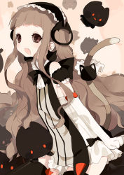 Rule 34 | 1girl, animal hands, black eyes, black thighhighs, bow, brown hair, cat, cat tail, dress, fang, female focus, gloves, hair ornament, long hair, maid headdress, maruino, open mouth, original, paw gloves, solo, tail, thighhighs