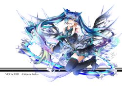 1girl animal_ears aqua_hair black_footwear black_thighhighs blue_eyes boots character_name copyright_name detached_sleeves female_focus hatsune_miku headset long_hair necktie open_mouth simple_background skirt solo striped_background thigh_boots thighhighs twintails tyouya very_long_hair vocaloid zettai_ryouiki