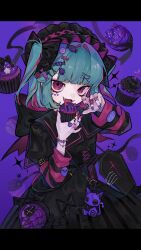 Rule 34 | 1girl, aqua hair, black bow, black ribbon, black skirt, blouse, bow, bracelet, candy hair ornament, coffin, cross, cross hair ornament, cupcake, demon tail, demon wings, fangs, female focus, food, food-themed hair ornament, gothic lolita, hair bow, hair intakes, hair ornament, hairclip, halftone, halloween, headdress, highres, holding, holding food, hood, hood down, icing, jewelry, charm (object), layered sleeves, letterboxed, lolita fashion, long sleeves, looking at viewer, medium hair, multicolored hair, multicolored nails, original, pink eyes, pink hair, pleated skirt, purple background, ribbon, shirt, short over long sleeves, short sleeves, skirt, solo, streaked hair, striped sleeves, tail, tira 27, two side up, wings, x hair ornament