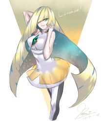 Rule 34 | 1girl, alternate breast size, bad id, bad pixiv id, banamons, bare arms, blonde hair, blue hair, breasts, character name, creatures (company), dress, empty eyes, game freak, gem, green eyes, hair over one eye, large breasts, long hair, lusamine (pokemon), multicolored hair, nintendo, pokemon, pokemon sm, simple background, sleeveless, sleeveless dress, solo, streaked hair, very long hair, white background, white dress