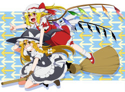 Rule 34 | &gt;:), &gt;:d, 2girls, :d, arrow (symbol), blonde hair, bow, braid, broom, broom riding, eichi yuu, fang, flandre scarlet, grin, hair bow, hair ribbon, hand on headwear, hat, kirisame marisa, long hair, mob cap, multiple girls, open mouth, pointing, pointy ears, red eyes, ribbon, riding, side ponytail, single braid, smile, touhou, v-shaped eyebrows, wings, witch hat, yellow eyes