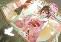 1girl absurdres animal_ear_fluff animal_ears blue_archive brown_hair fox_ears fox_girl fox_tail hair_ornament halo highres izuna_(blue_archive) japanese_clothes kimono open_mouth print_kimono prock short_hair tail yellow_eyes