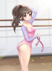 Rule 34 | 1girl, adjusting hair, ass, athletic leotard, ballerina, bare legs, barre, blush, breasts, brown hair, cleavage, leotard, long hair, looking at viewer, open mouth, original, pink eyes, pink ribbon, ponytail, puky, ribbon, solo, standing, twisted torso