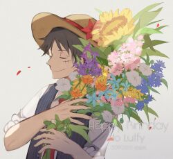 Rule 34 | 1boy, black hair, character name, closed eyes, commentary, dated, fish191101756, flower, happy birthday, hat, holding, holding flower, male focus, monkey d. luffy, necktie, one piece, profile, red necktie, scar, scar on face, shirt, short hair, simple background, sleeves rolled up, smile, solo, straw hat, upper body, waistcoat, white shirt
