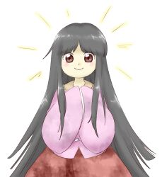 Rule 34 | 1girl, black hair, brown eyes, closed mouth, hands up, houraisan kaguya, long hair, long sleeves, looking at viewer, nonamejd, official style, parted bangs, pink shirt, red skirt, shirt, simple background, skirt, smile, solo, straight-on, touhou, very long hair, white background, wide sleeves, zun (style)