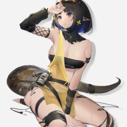 Rule 34 | 1girl, absurdres, arknights, bandaid, bandaid on leg, black hair, blue eyes, breasts, cleavage, eunectes (arknights), goggles, goggles on head, highres, large breasts, nail polish, purple nails, sitting, snake tail, sweat, tail, wariza, wiping forehead, xtears kitsune