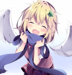 Rule 34 | 1girl, :d, ^ ^, black pantyhose, blonde hair, blue background, blue scarf, blush, closed eyes, detached wings, facing viewer, feathered wings, flower, gabriel dropout, gradient background, green flower, hair between eyes, hair flower, hair intakes, hair ornament, highres, kyuukon (qkonsan), long hair, open mouth, pantyhose, plaid, plaid skirt, pleated skirt, red skirt, scarf, shirt, short sleeves, skirt, smile, solo, sweater vest, tapris chisaki sugarbell, white background, white shirt, white wings, wings