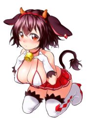 Rule 34 | 10s, 1girl, animal ears, bell, blush, bra, breasts, cow ears, cow girl, cow horns, cow tail, cowbell, gloves, holmy (show by rock!!), horns, huge breasts, large breasts, onsoku inu, short hair, show by rock!!, skirt, solo, tail, underwear