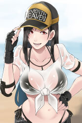 Rule 34 | 1girl, adjusting clothes, adjusting headwear, baseball cap, bikini, bikini under clothes, black bikini, blurry, blurry background, breasts, brown eyes, butcha-u, cleavage, crop top, elbow pads, final fantasy, final fantasy vii, final fantasy vii ever crisis, fingerless gloves, front-tie top, gloves, hand on own hip, hat, highres, large breasts, navel, official alternate costume, see-through, see-through cleavage, see-through shirt, shirt, single elbow pad, skirt, smile, solo, stomach, swimsuit, teardrop earrings, thong bikini, tifa lockhart, tifa lockhart (lifeguard), two-tone headwear, upper body, wet, wet clothes, wet shirt, whistle, whistle around neck