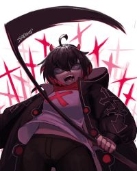 Rule 34 | 1girl, ahoge, black hair, black jacket, black pants, breasts, colored inner hair, commentary, english commentary, fangs, floating clothes, highres, holding, holding scythe, hood, hooded jacket, i&#039;m the grim reaper, jacket, looking at viewer, medium breasts, multicolored hair, open mouth, pants, red eyes, red hair, sadak0, sanpaku, scarlet (i&#039;m the grim reaper), scythe, short hair, solo