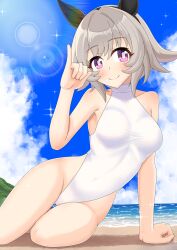 1girl animal_ears beach blue_sky breasts cloud commission covered_navel curren_chan_(umamusume) day ganimede grey_hair highleg highleg_one-piece_swimsuit horizon horse_ears horse_girl horse_tail lens_flare m/ medium_breasts ocean one-piece_swimsuit outdoors purple_eyes short_hair skeb_commission sky sleeveless sleeveless_turtleneck solo sparkle swimsuit tail thigh_gap turtleneck umamusume white_one-piece_swimsuit