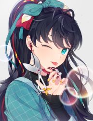 Rule 34 | 1girl, ;p, antenna hair, aqua bow, aqua eyes, black hair, blush, bow, cable, earphones, fingernails, ganaha hibiki, glint, hair bow, heart, highres, idolmaster, idolmaster (classic), long fingernails, long sleeves, looking at viewer, nail polish, one eye closed, ponytail, scissors, simple background, sleeves past wrists, smile, soap bubbles, solo, sooryang, tongue, tongue out, upper body, white background, yellow nails