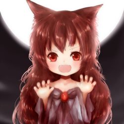 Rule 34 | &gt;:d, 1girl, :d, amano jack, animal ears, bad id, bad pixiv id, blush, brown hair, collarbone, dress, fangs, full moon, hands up, highres, imaizumi kagerou, long hair, messy hair, moon, open mouth, red eyes, sketch, smile, solo, touhou, v-shaped eyebrows, wolf ears