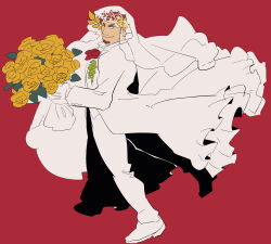 Rule 34 | 1boy, ascot, bara, bouquet, bridal veil, claude (housamo), coat, commentary request, facial hair, flower, frilled coat, frills, full body, gloves, goatee, highres, holding, holding bouquet, iki (4sarabyebye), laurel crown, looking at viewer, male focus, pants, red background, red eyes, red hair, rose, shirt, short hair, simple background, smile, solo, thick eyebrows, tokyo houkago summoners, veil, white footwear, white gloves, white pants, white shirt, yellow flower, yellow rose
