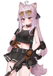Rule 34 | 1girl, absurdres, ahoge, animal ears, bad id, bad twitter id, bare arms, bare shoulders, bell, black choker, black shirt, black skirt, breasts, brown gloves, choker, closed mouth, cowboy shot, crop top, eyewear on head, gloves, gun, hand on own stomach, highres, jingle bell, light machine gun, long hair, looking at viewer, medium breasts, midriff, miniskirt, mole, mole on stomach, mole under eye, navel, original, pleated skirt, pocari (sq551), shirt, simple background, skirt, sleeveless, sleeveless shirt, solo, standing, stomach, sunglasses, tail, thighs, twintails, weapon, weapon request, white background, wolf ears, wolf girl, wolf tail