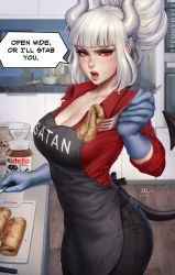 Rule 34 | 1girl, apron, black pants, breasts, cleavage, demon tail, food, fork, helltaker, highres, horns, kitchen, knife, looking at viewer, lucifer (helltaker), mole, mole under eye, nutella, open mouth, pancake, pants, red eyes, red shirt, sciamano240, shirt, tail, white hair