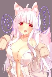 Rule 34 | 1girl, animal ear fluff, animal ears, artist request, bare shoulders, belly, blush, breasts, collarbone, covered erect nipples, fang, fox ears, fox tail, highres, large breasts, long hair, long sleeves, looking at viewer, navel, nipples, off shoulder, open clothes, open mouth, open shirt, orange eyes, original, tail, translation request, very long hair, very long sleeves, white hair