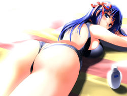 Rule 34 | 1girl, :o, arin, ass, blanket, blue eyes, blue hair, breast press, breasts, butt crack, casual one-piece swimsuit, hair ribbon, hima, large breasts, long hair, looking back, lying, matching hair/eyes, on stomach, one-piece swimsuit, pangya, ribbon, sideboob, solo, sunbathing, sunlight, swimsuit, wallpaper
