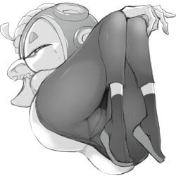 Rule 34 | 1girl, ass, capri pants, clothes pull, ear piercing, from below, greyscale, hair over one eye, huge ass, inarou (rakugakiproject), looking at viewer, monochrome, nintendo, octoling player character, pants, pants pull, piercing, pointy ears, shiver (splatoon), shoes, solo, splatoon (series), splatoon 3, tentacle hair, wide hips