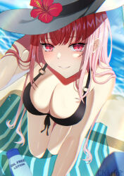 Rule 34 | 1girl, artist name, beach, bikini, black bikini, blue sky, breasts, chariot (teachariot828), cleavage, cloud, cloudy sky, day, flower, front-tie bikini top, front-tie top, hat, hat flower, hibiscus, highres, hololive, hololive english, large breasts, long hair, looking at viewer, lotion, mori calliope, o-ring, o-ring bikini, o-ring top, ocean, outdoors, pink eyes, pink hair, red flower, sand, sky, smile, solo, swimsuit, towel, virtual youtuber, water, white hat